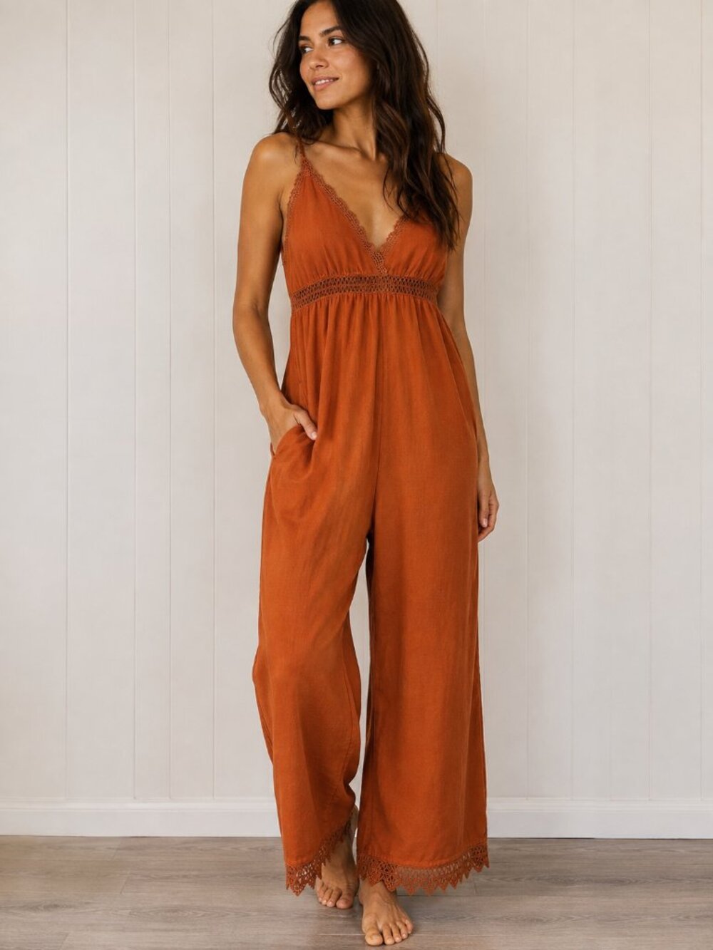 Billabong Spice Boho Lace & Lies Crochet Cropped Wide Leg Jumpsuit Women's Large